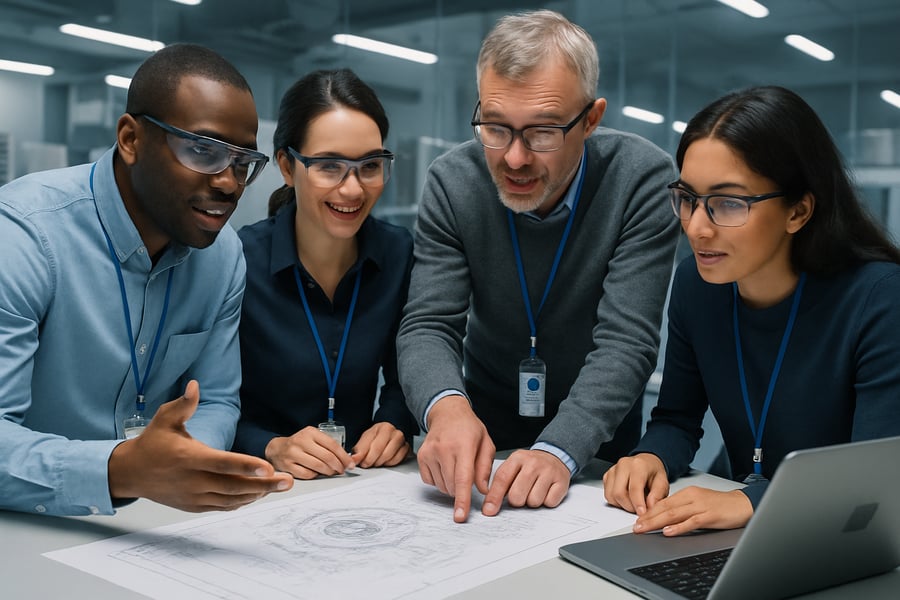 Engineers collaborating and discussing innovative solutions